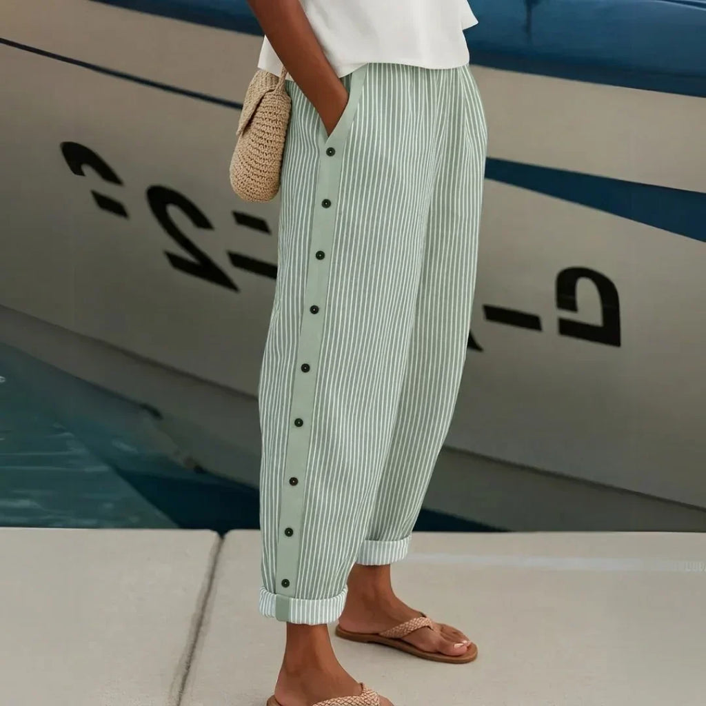 Annie Women Striped Button Detail Cropped Pants, colour: Green