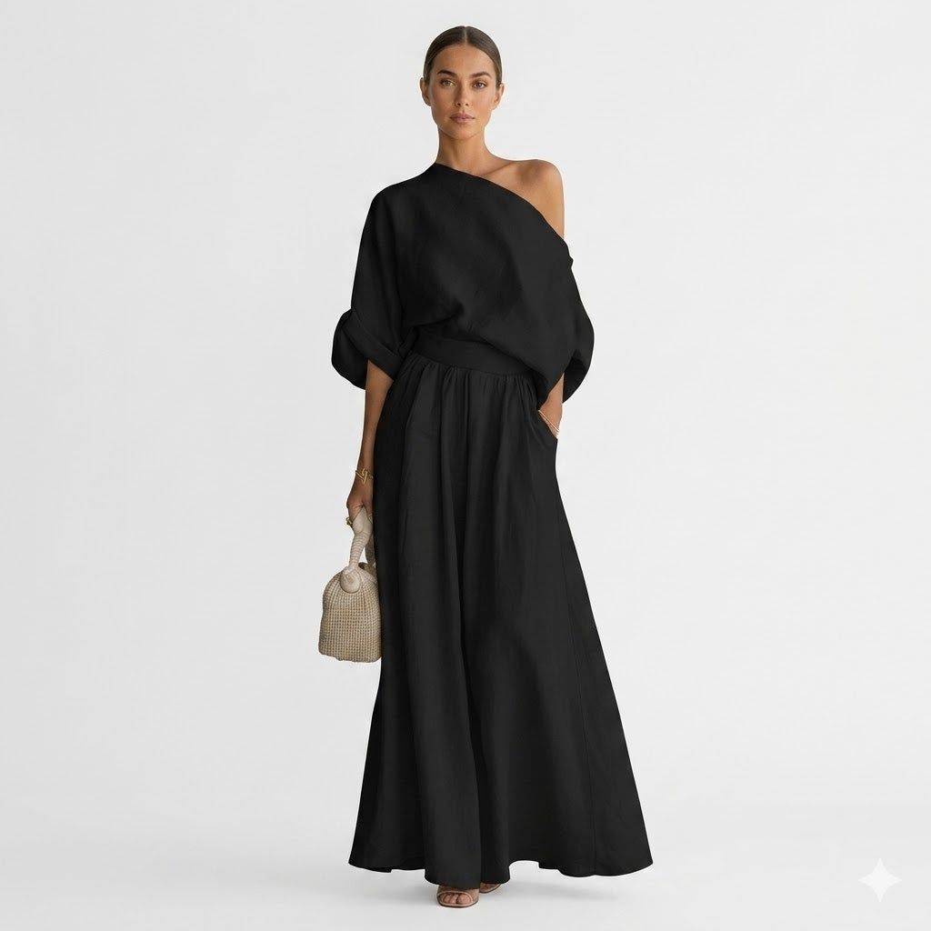 Audrey Women One Shoulder Top and Maxi Skirt Set, colour: Black