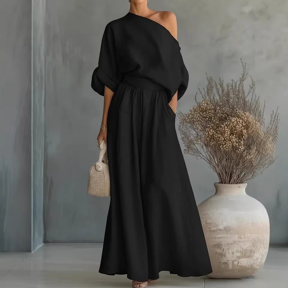 Audrey Women One Shoulder Top and Maxi Skirt Set, colour: Black