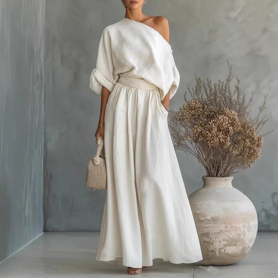 Audrey Women One Shoulder Top and Maxi Skirt Set, colour: White