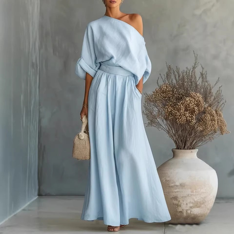 Audrey Women One Shoulder Top and Maxi Skirt Set, colour: Sky Blue