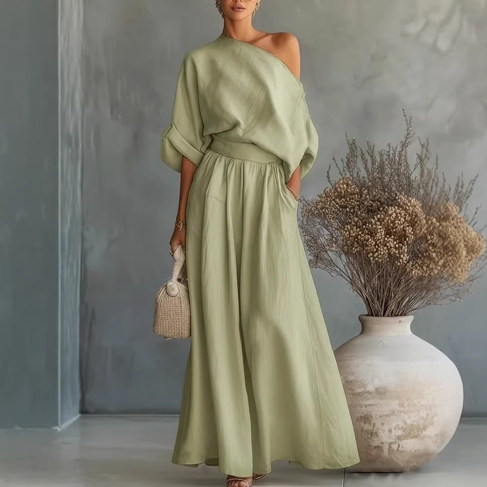 Audrey Women One Shoulder Top and Maxi Skirt Set, colour: Olive