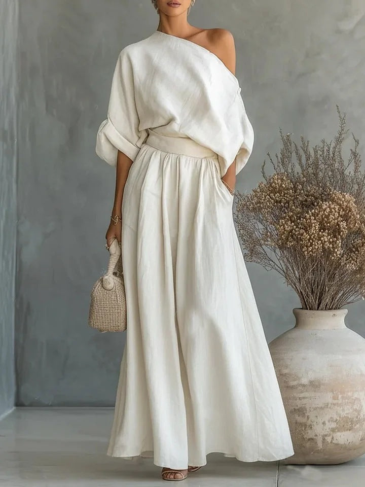 Audrey Women One Shoulder Top and Maxi Skirt Set, colour: White