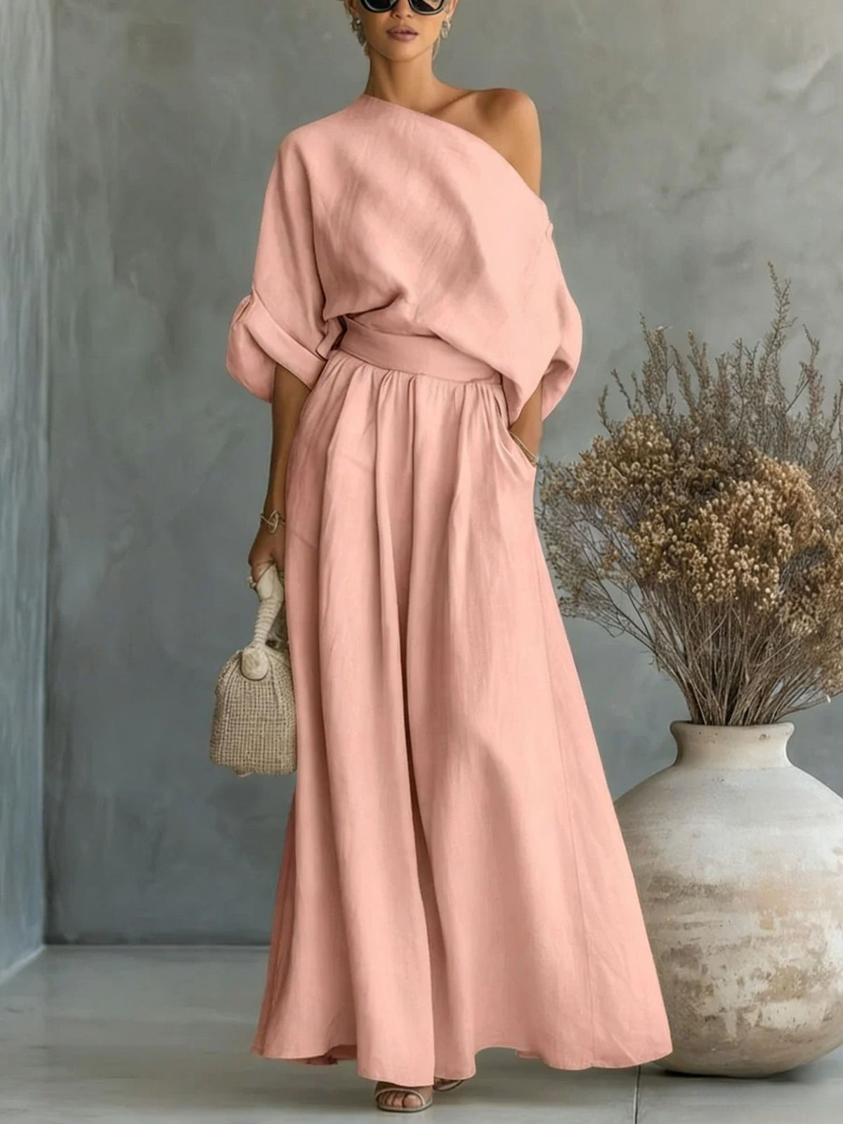 Audrey Women One Shoulder Top and Maxi Skirt Set, colour: Pink
