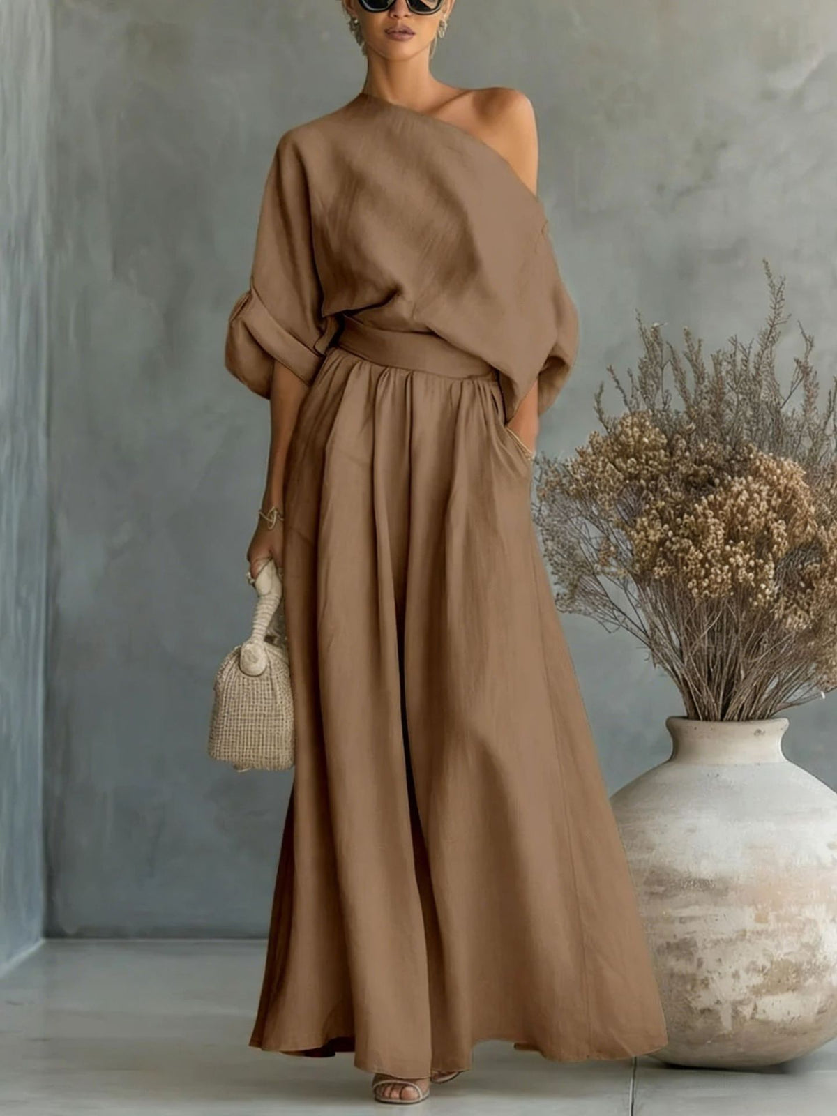 Audrey Women One Shoulder Top and Maxi Skirt Set, colour: Dark Brown