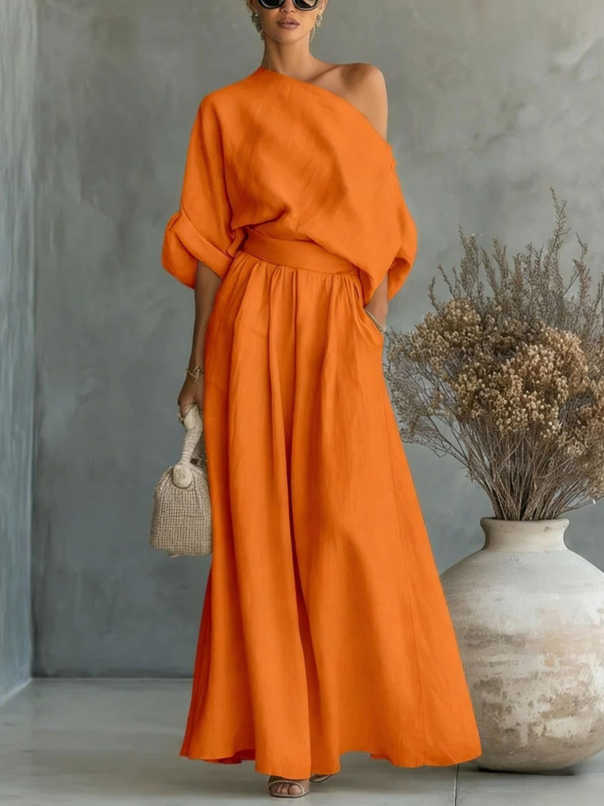 Audrey Women One Shoulder Top and Maxi Skirt Set, colour: Orange