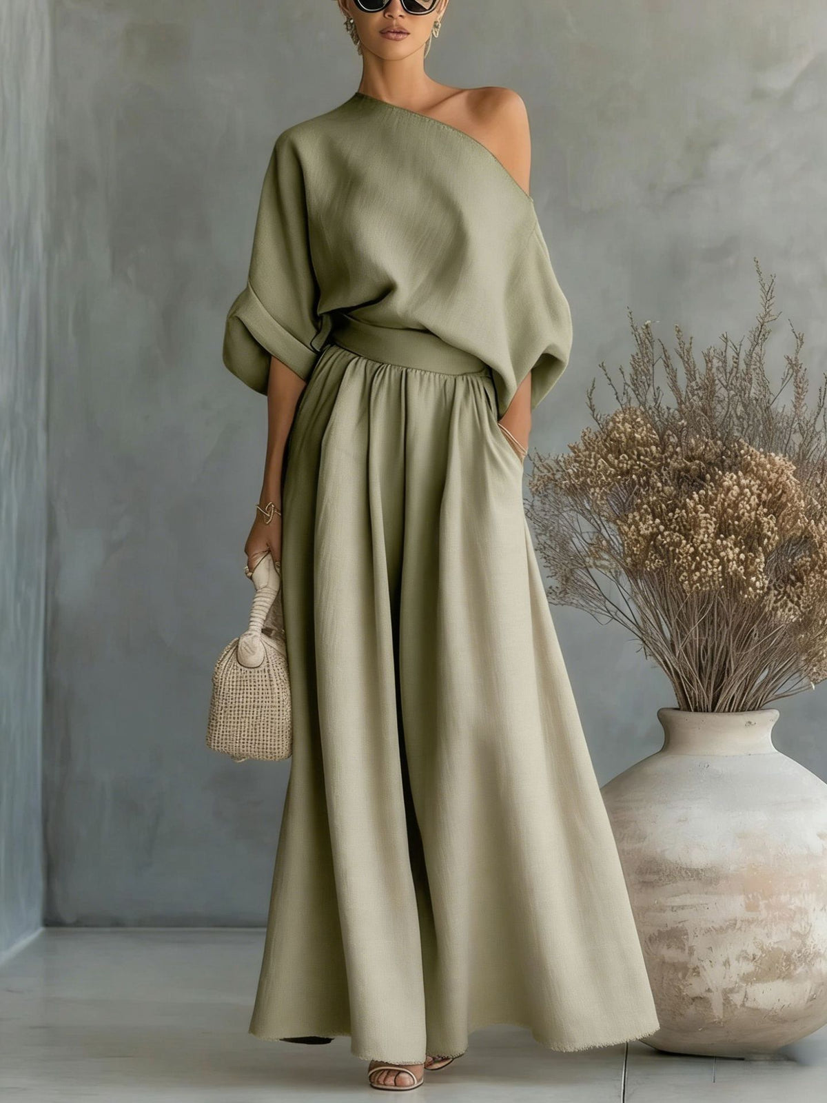 Audrey Women One Shoulder Top and Maxi Skirt Set, colour: Olive