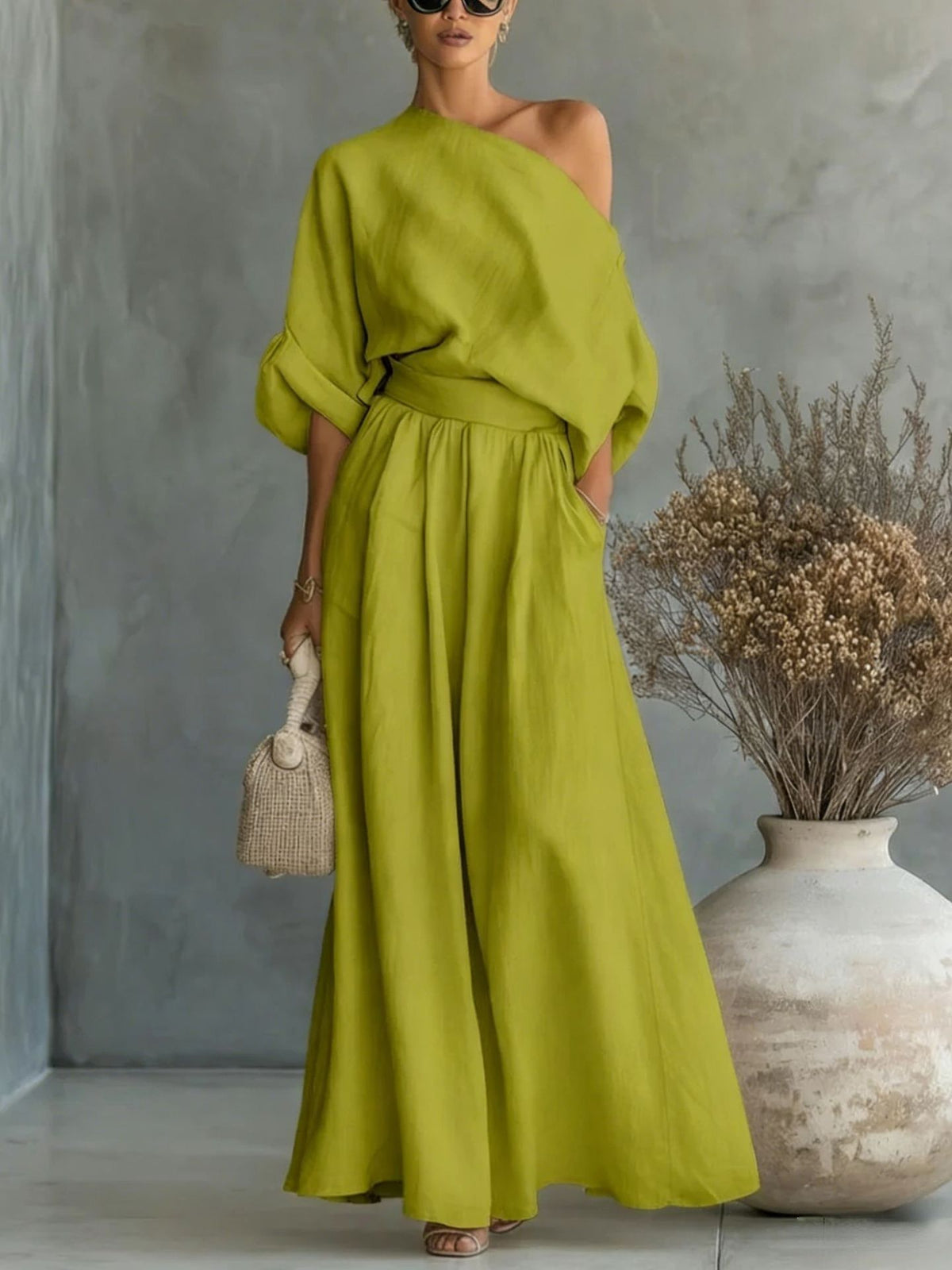 Audrey Women One Shoulder Top and Maxi Skirt Set, colour: Yellow Green