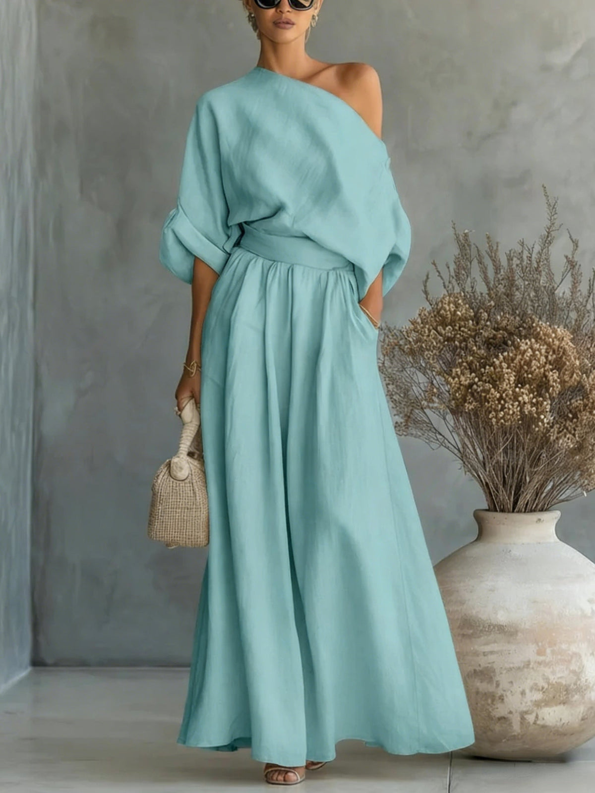 Audrey Women One Shoulder Top and Maxi Skirt Set, colour: Sky Blue