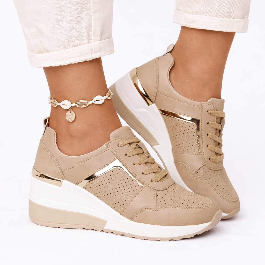 Molly Women Lace Up Wedge Sneakers, colour: Beige