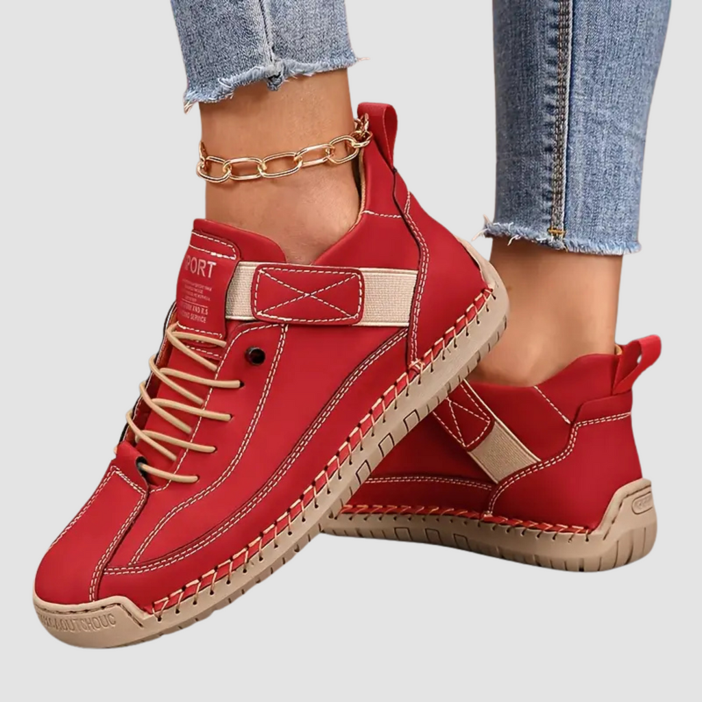 Billie Women Stitched Lace Up Sneakers with Strap, colour: Red