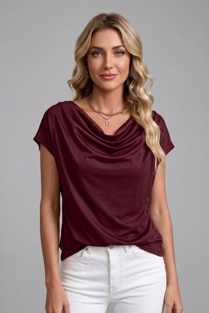 Charlotte Women Cowl Neck Short Sleeve Blouse, colour: Burgundy
