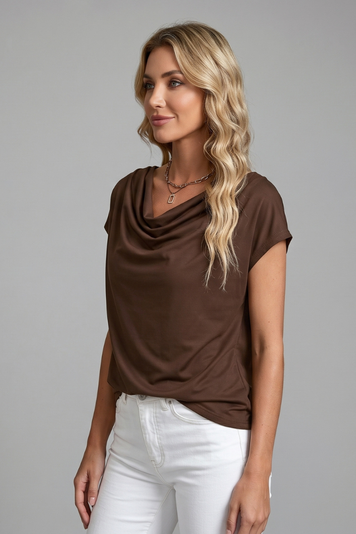 Charlotte Women Cowl Neck Short Sleeve Blouse, colour: Brown
