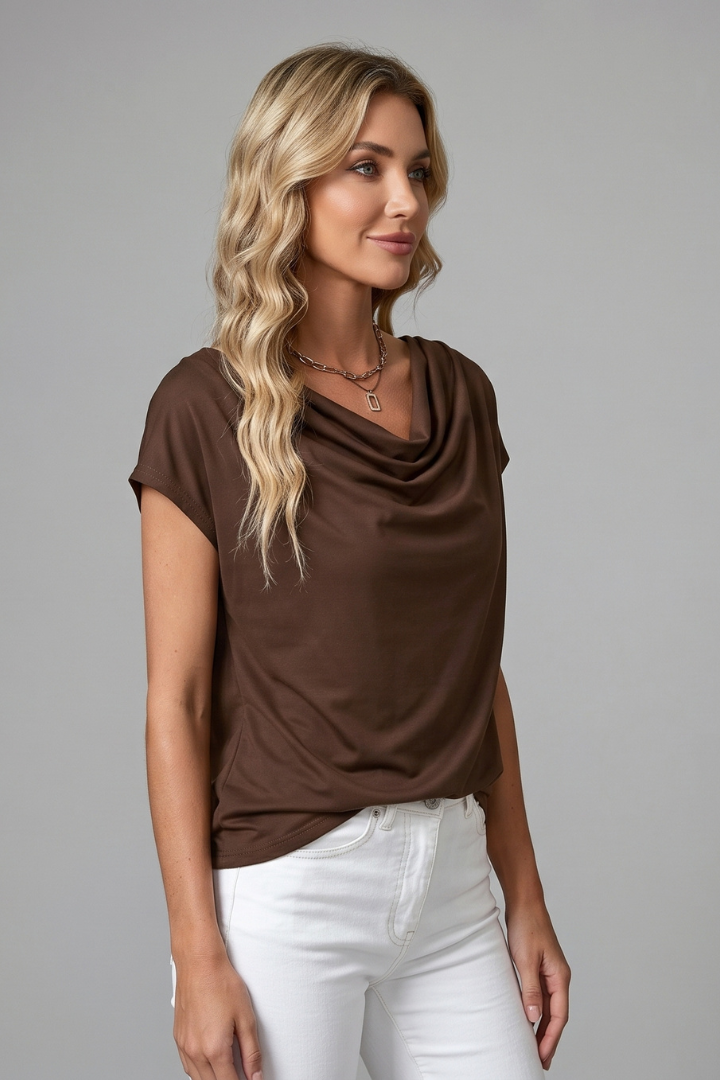 Charlotte Women Cowl Neck Short Sleeve Blouse, colour: Brown