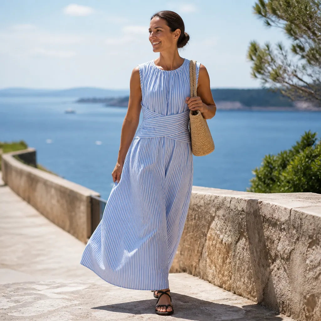 Clara Women Striped Wrap Waist Sleeveless Maxi Dress