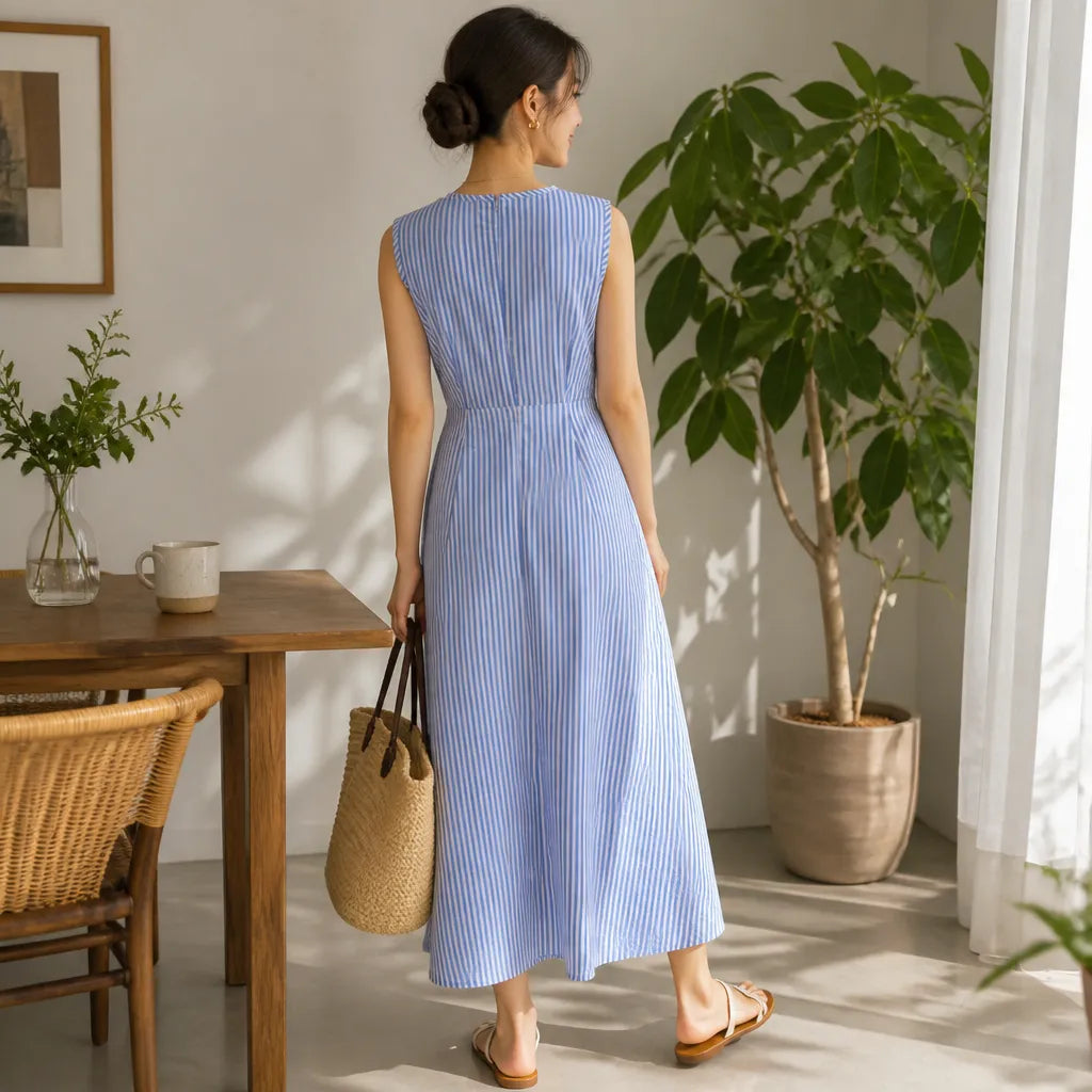 Clara Women Striped Wrap Waist Sleeveless Maxi Dress