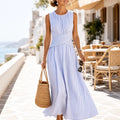 Clara Women Striped Wrap Waist Sleeveless Maxi Dress, colour: Blue Stripe