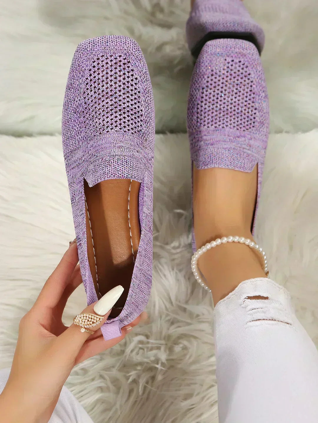 Daisy Women Knit Slip On Flats, colour: Purple
