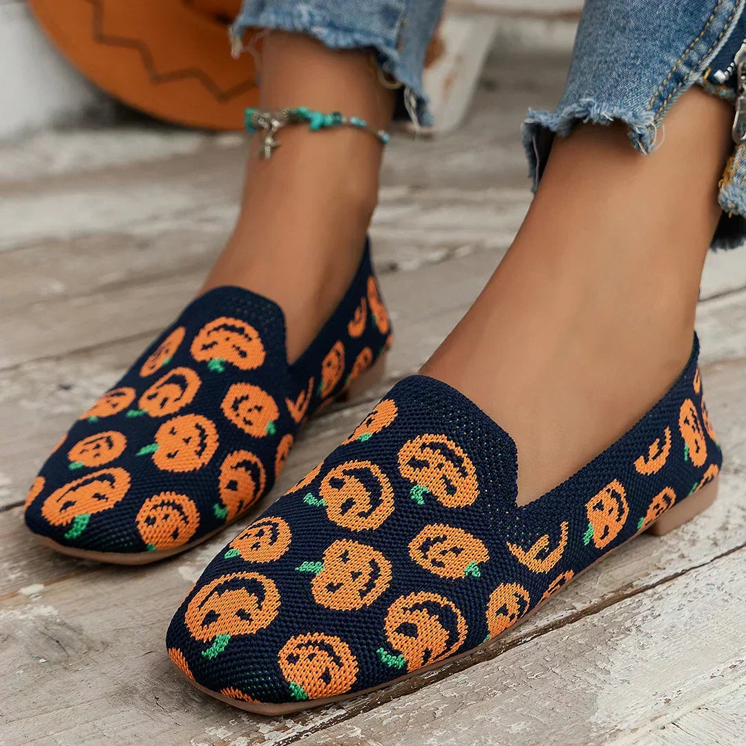Daisy Women Knit Slip On Flats, colour: Pumpkin Print