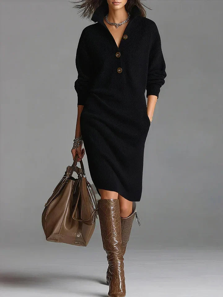 Janice Women Ribbed Knit Button Collar Jumper Dress, colour: Black
