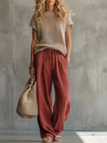 Edie Women Knit Top and Wide Leg Drawstring Pants Set, colour: Red