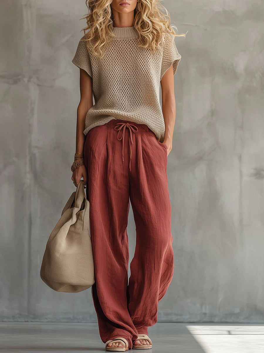 Edie Women Knit Top and Wide Leg Drawstring Pants Set, colour: Red