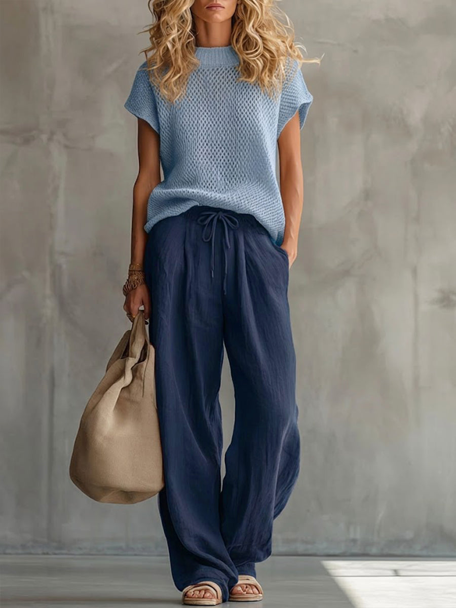 Edie Women Knit Top and Wide Leg Drawstring Pants Set, colour: Navy
