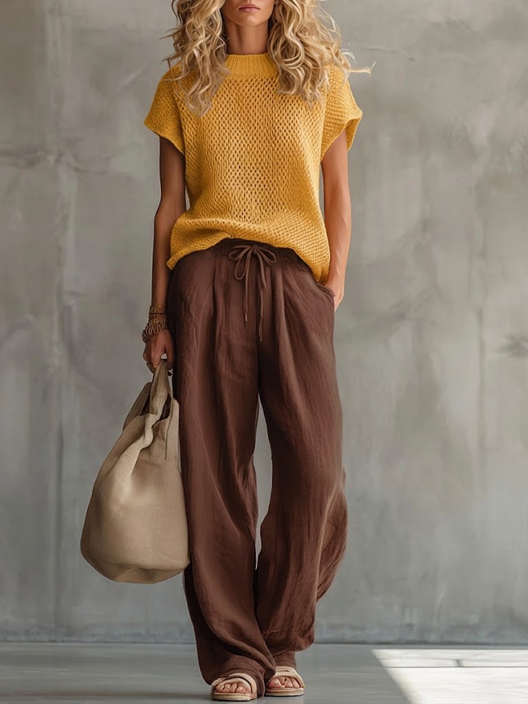 Edie Women Knit Top and Wide Leg Drawstring Pants Set, colour: Coffee
