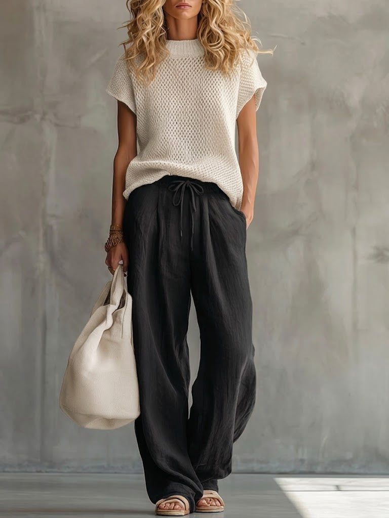 Edie Women Knit Top and Wide Leg Drawstring Pants Set, colour: Black