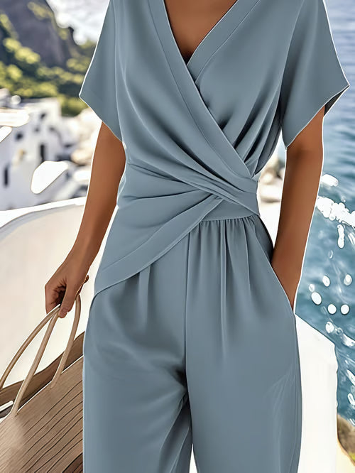 Evie Women Wrap Top and Cropped Pants Set, colour: Blue