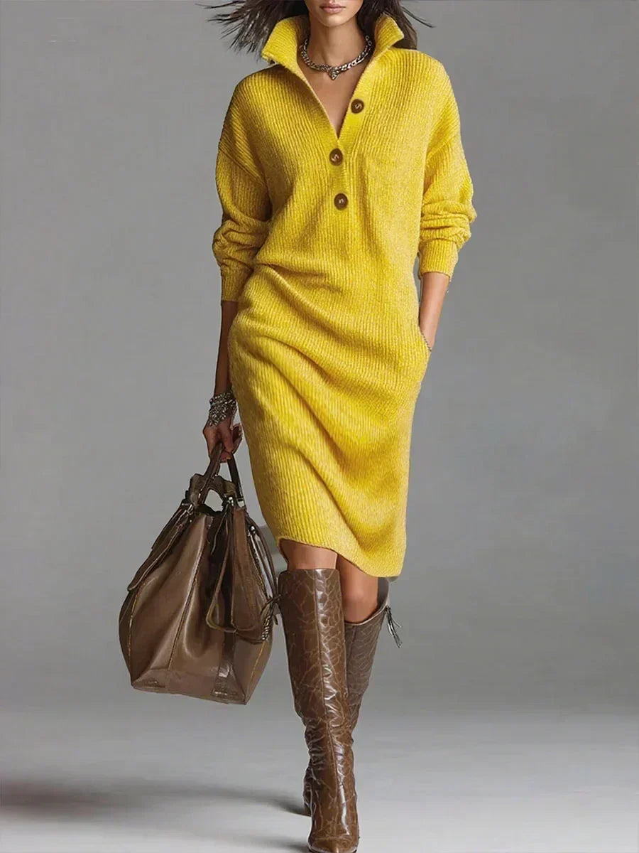 Janice Women Ribbed Knit Button Collar Jumper Dress, colour: Yellow