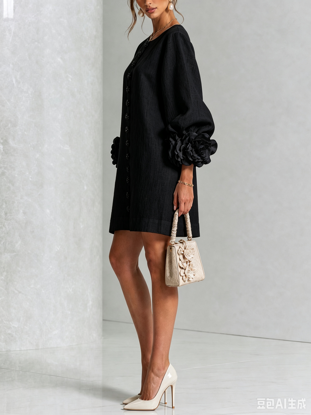Florence Women Rose Cuff Long Sleeve Mini Dress