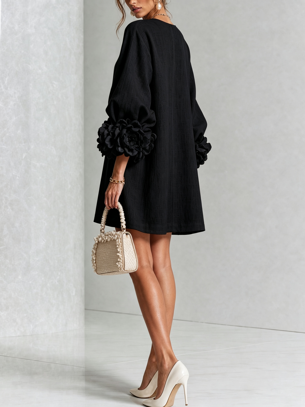 Florence Women Rose Cuff Long Sleeve Mini Dress