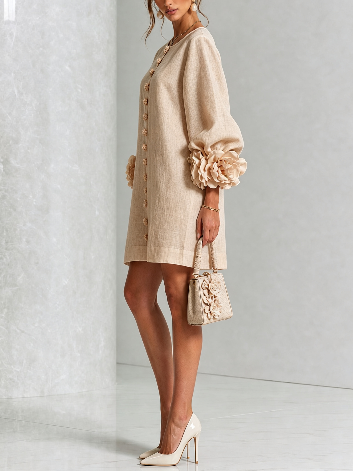 Florence Women Rose Cuff Long Sleeve Mini Dress