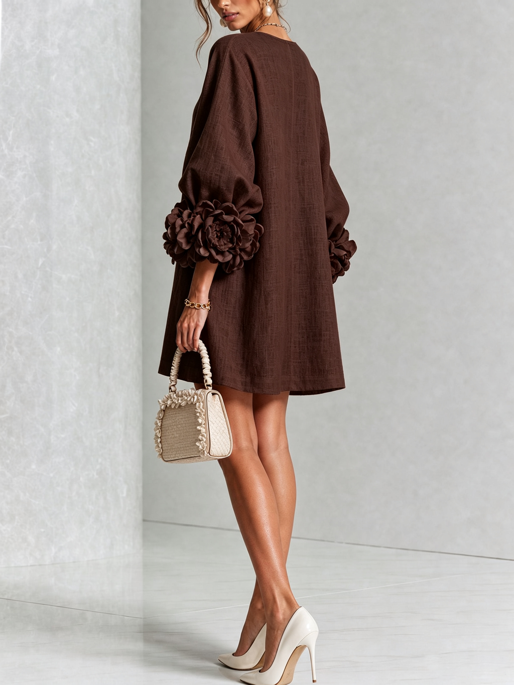 Florence Women Rose Cuff Long Sleeve Mini Dress