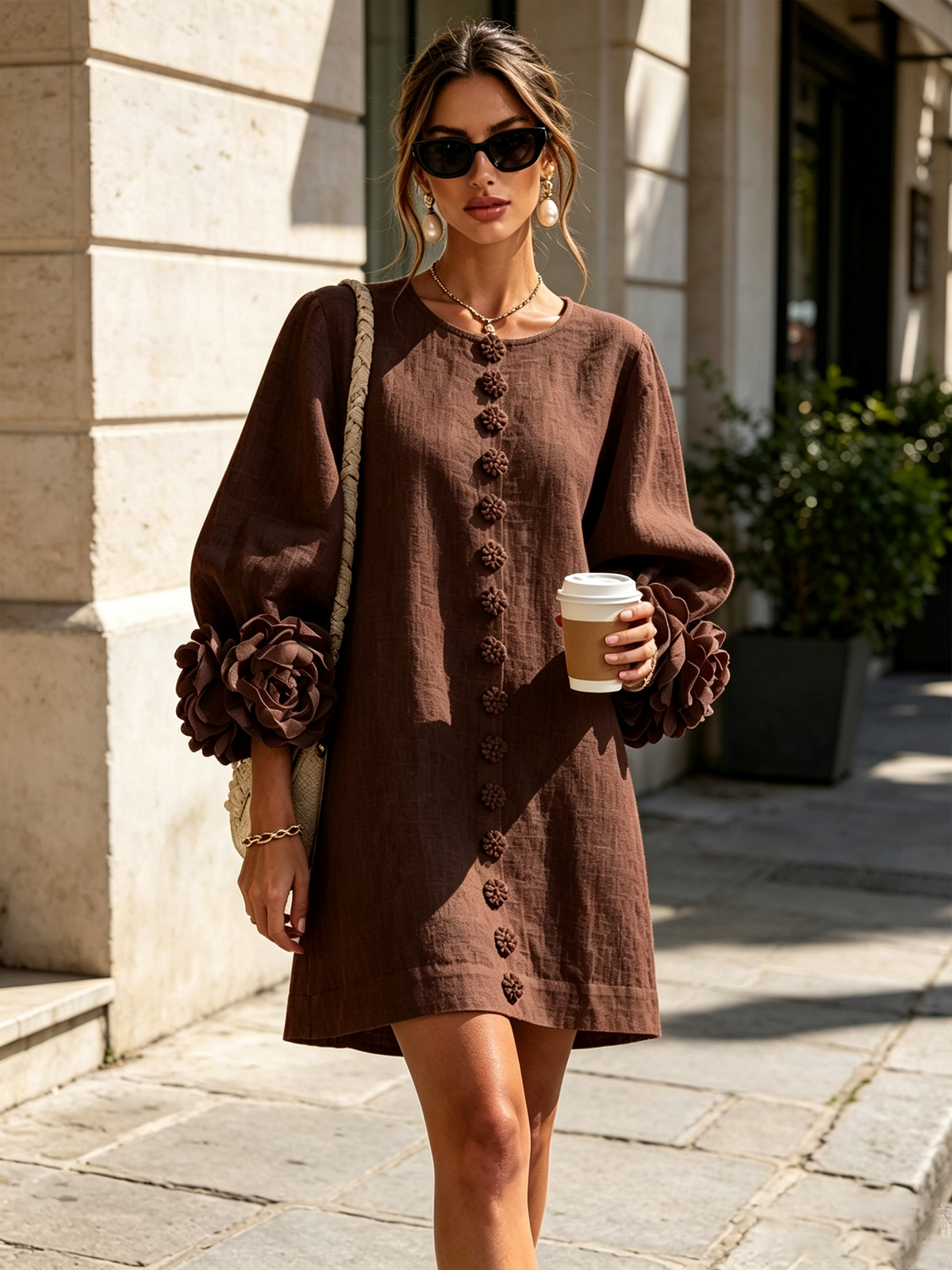 Florence Women Rose Cuff Long Sleeve Mini Dress