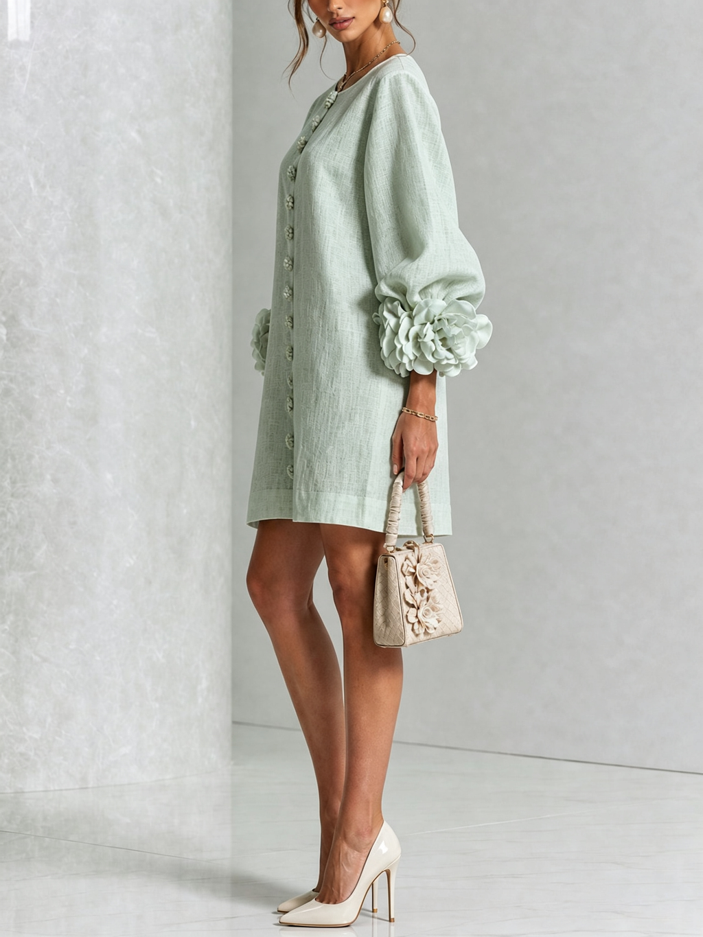 Florence Women Rose Cuff Long Sleeve Mini Dress