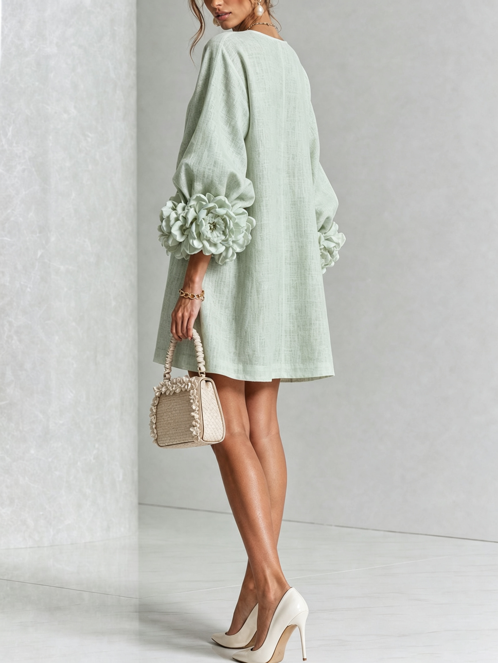 Florence Women Rose Cuff Long Sleeve Mini Dress