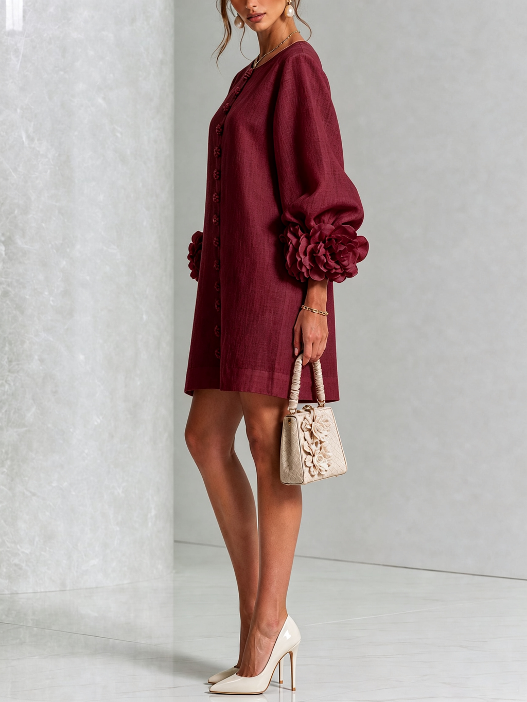 Florence Women Rose Cuff Long Sleeve Mini Dress