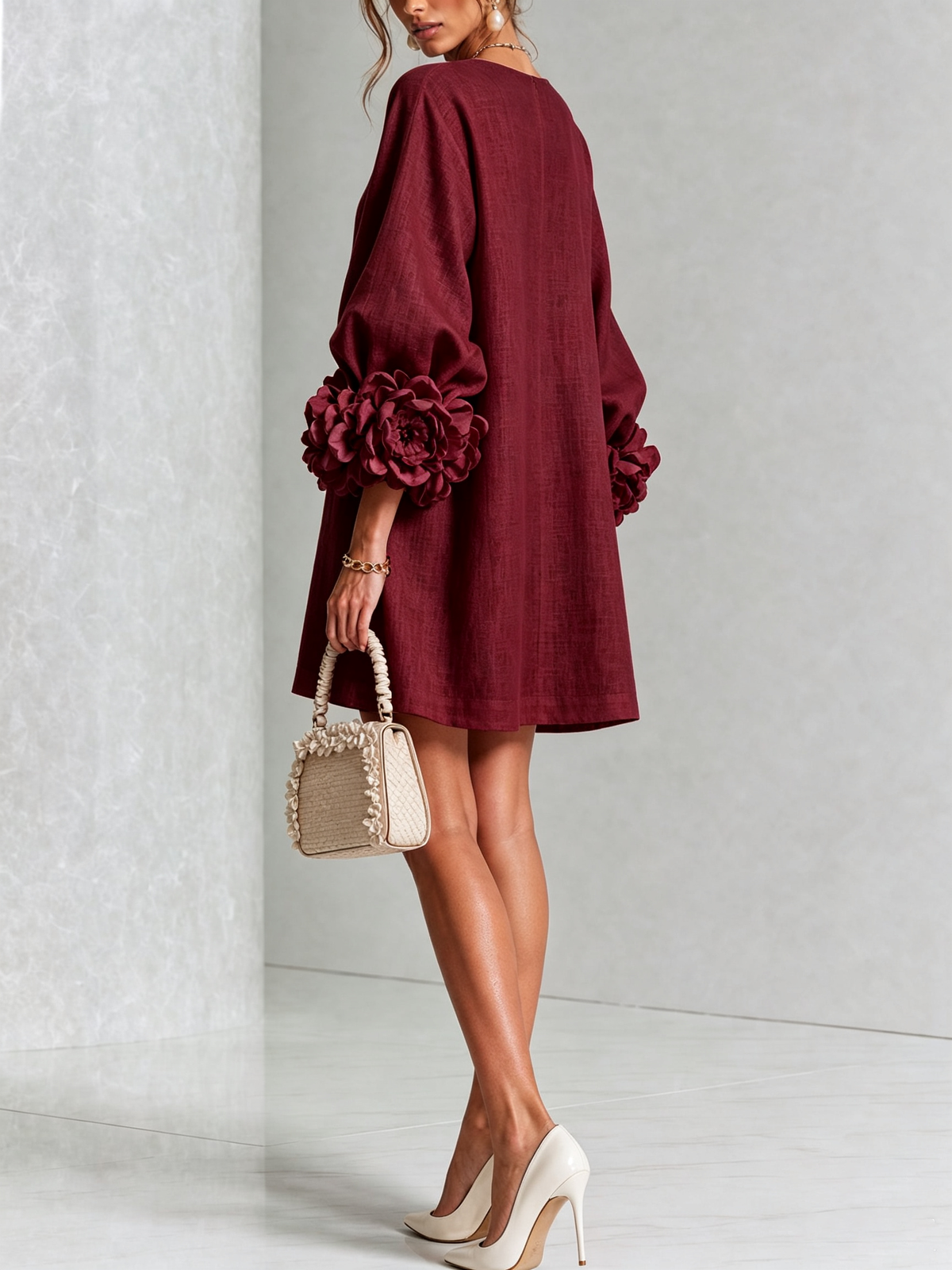 Florence Women Rose Cuff Long Sleeve Mini Dress