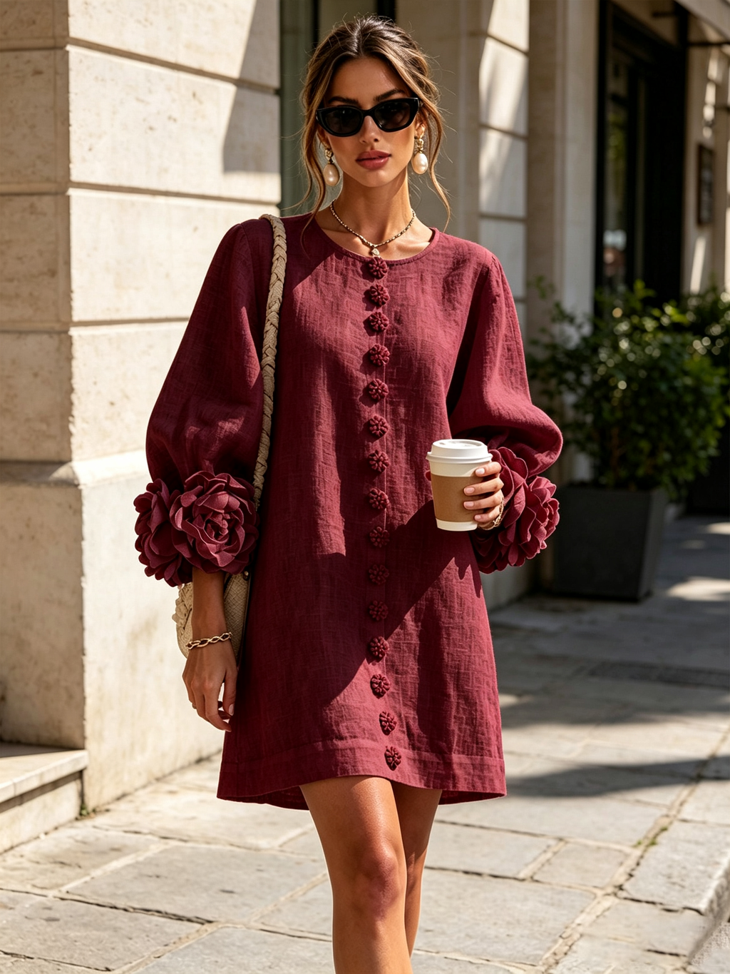 Florence Women Rose Cuff Long Sleeve Mini Dress