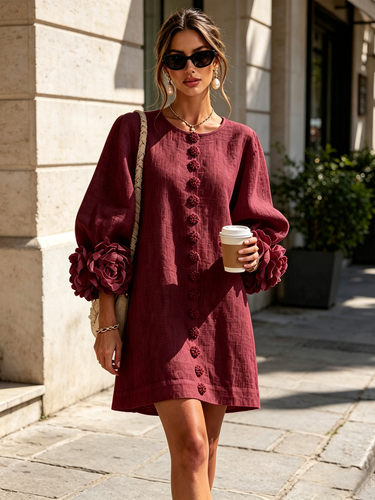 Florence Women Rose Cuff Long Sleeve Mini Dress