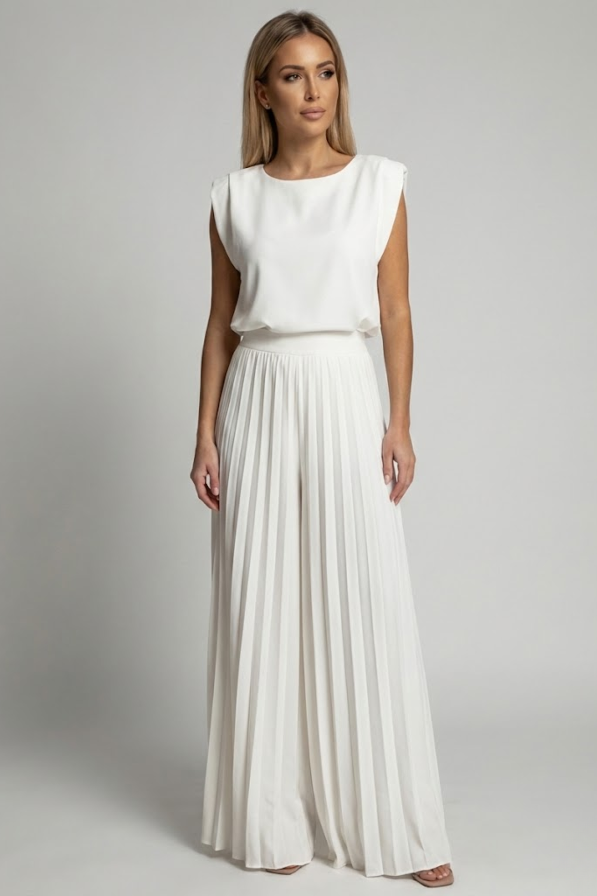 Frankie Women Pleated Wide Leg Jumpsuit, colour: White