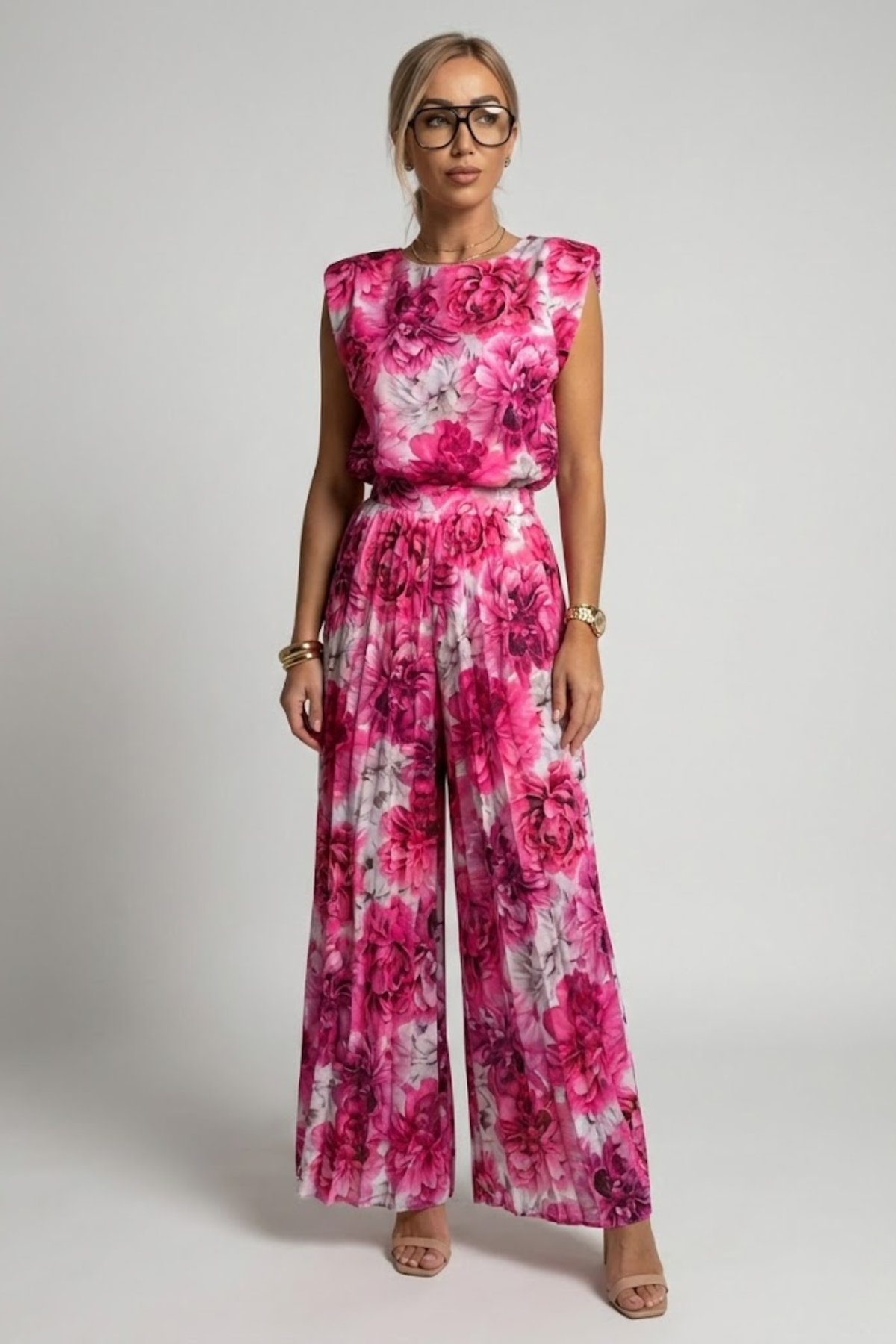 Frankie Women Pleated Wide Leg Jumpsuit, colour: Pink