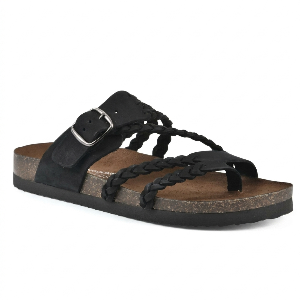 Hannah Women Braided Strap Toe Loop Footbed Sandals, colour: Black