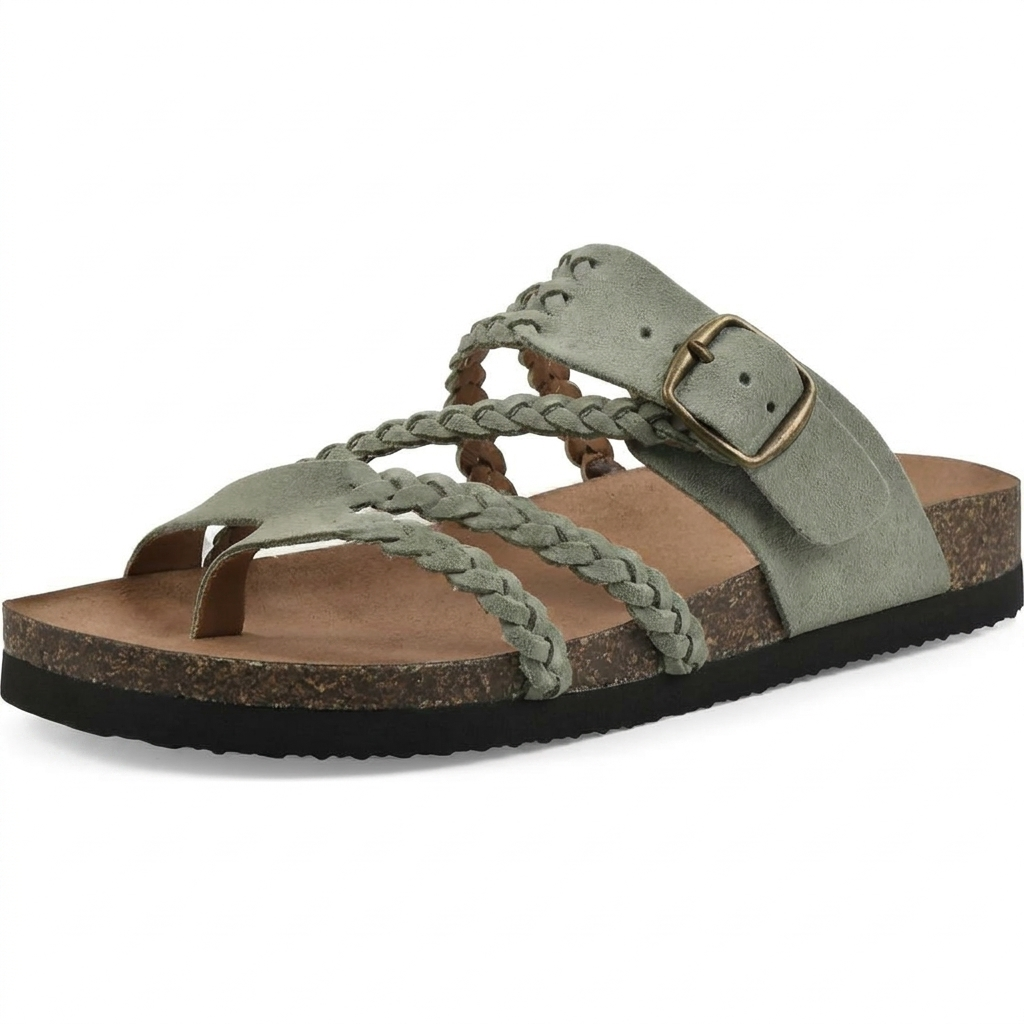 Hannah Women Braided Strap Toe Loop Footbed Sandals, colour: Olive Green