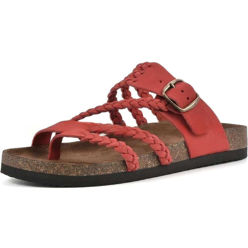 Hannah Women Braided Strap Toe Loop Footbed Sandals, colour: Red