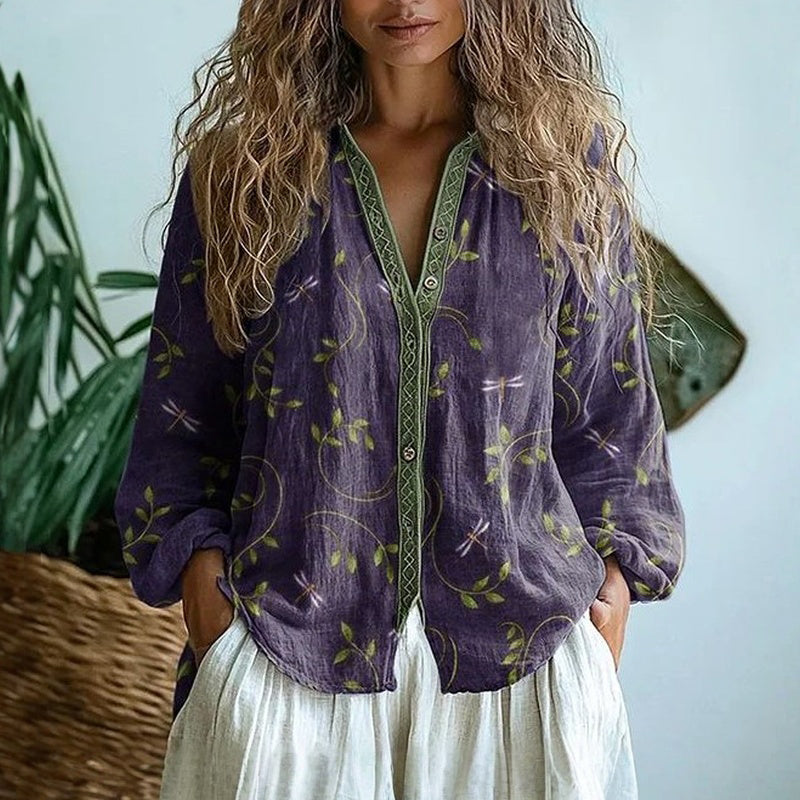Harper Women Leaf Print Long Sleeve Shirt, colour: Purple