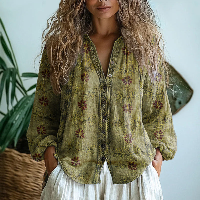 Harper Women Leaf Print Long Sleeve Shirt, colour: Green