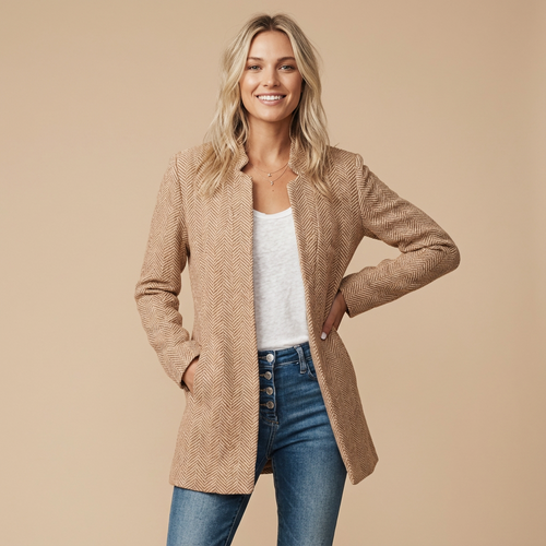 Clara Women Collarless Open Front Blazer, colour: Brown